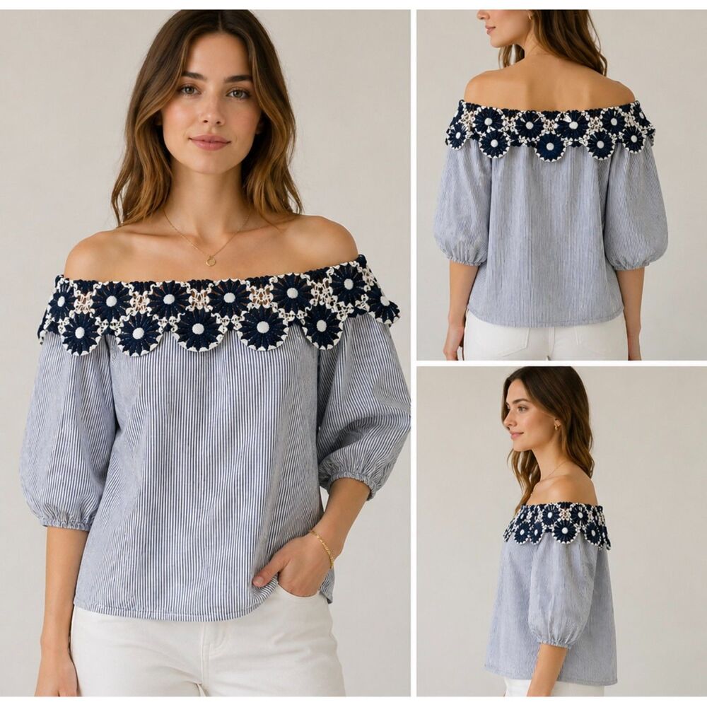 LOFT Off Shoulder Blue White Pinstriped Blouse Crochet Floral Trim Small Cotton